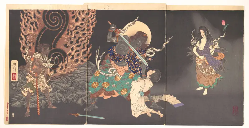 Fudō Myōō Threatening a Novice Wall Art by Tsukioka Yoshitoshi - High-Resolution Digital Print