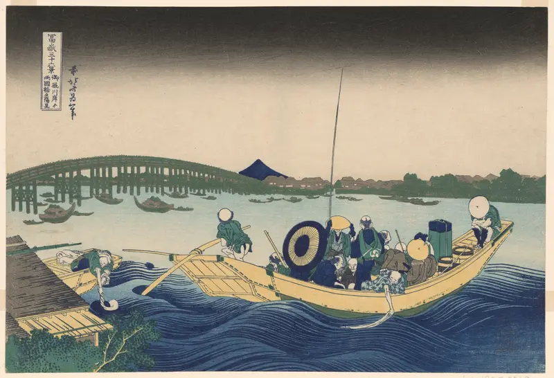 Fuji from Ommayagashi with Twilight over Ryogoku Bridge (Ommayagashi yori ryogokubashi sekiyo o miru), from the series "Thirty-six Views of Mount Fuji (Fugaku sanjurokkei)"