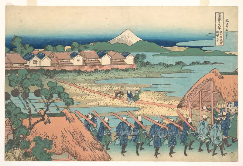 Fuji Seen in the Distance from Senju Pleasure Quarter (Senju kagai yori chōbō no Fuji), from the series Thirty-six Views of Mount Fuji (Fugaku sanjūrokkei)