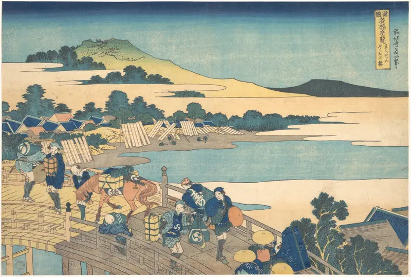 Fukui Bridge in Echizen Province (Echizen Fukui no hashi), from the series Remarkable Views of Bridges in Various Provinces (Shokoku meikyō kiran) Wall Art by Katsushika Hokusai - High-Resolution Digital Print