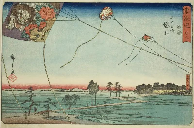 Fukuroi: Famous Kites of Enshu (Fukuroi, meibutsu Enshu dako)—No. 28, from the series "Fifty-three Stations of the Tokaido (Tokaido gojusan tsugi)," also known as the Reisho Tokaido