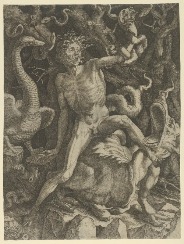 Fury personified as an emaciated man astride a monster, holding a skull in his raised left hand Wall Art by Giovanni Jacopo Caraglio - High-Resolution Digital Print