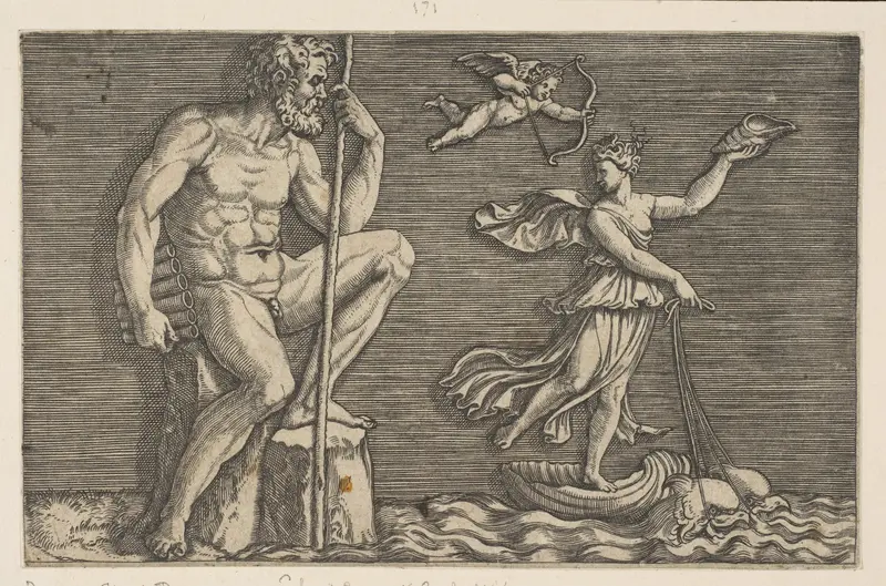 Galatea escaping Polyphemus; he is seated on a rock holding a staff and pipes and looking towards Galatea at right riding a shell pulled by two dolphins, Cupid flying above
