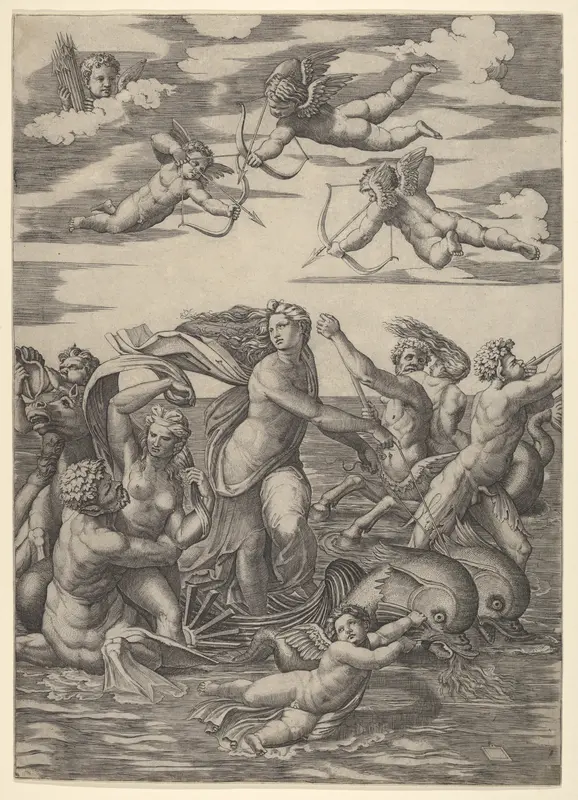 Galatea standing in a water-chariot pulled by two dolphins, surrounded by tritons, nereids, and putti, three of which prepare to shoot arrows from above Wall Art by Marcantonio Raimondi - High-Resolution Digital Print