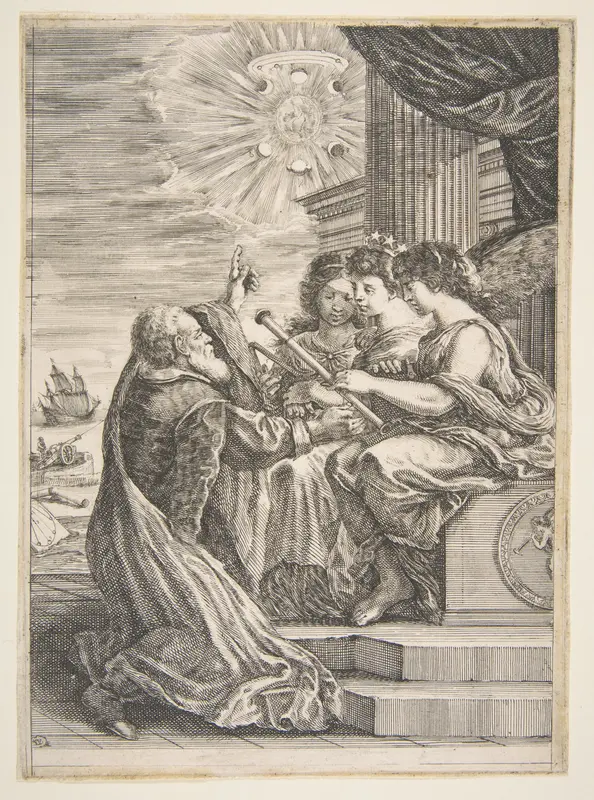Galileo and personifications of Astronomy, Perspective and Mathematics, frontispiece for 'Opere di Galileo Galilei' Wall Art by Stefano della Bella - High-Resolution Digital Print