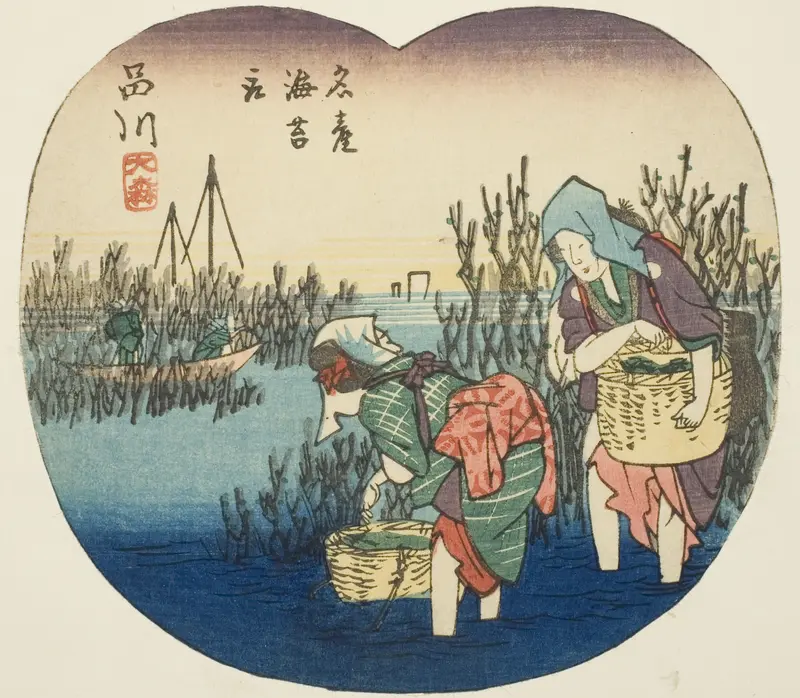 Gathering Seaweed at Omori in Shinagawa (Shinagawa, Omori, meisan nori tori), section of sheet no. 1 from the series "Cutout Pictures of the Tokaido Road (Tokaido harimaze zue)"