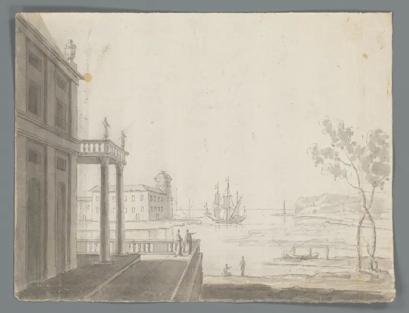 Gebouw en terras aan het water met zicht op een driemaster Wall Art by Matthijs Balen (1684-1766) - High-Resolution Digital Print
