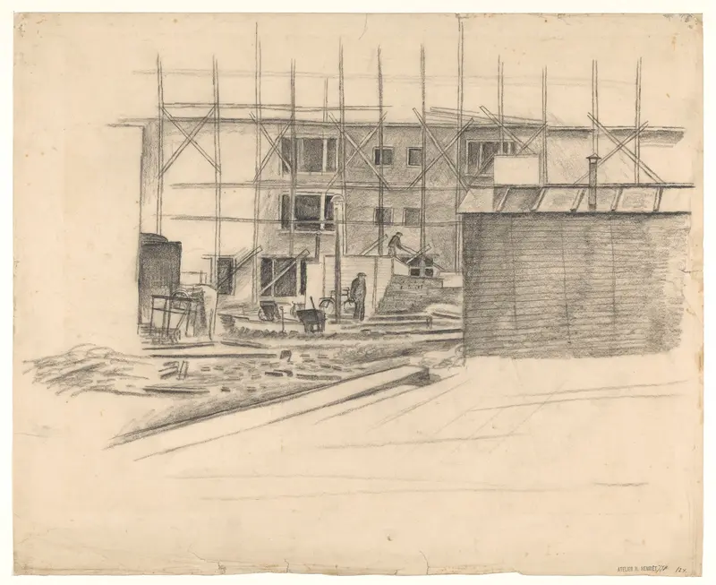Gebouw in aanbouw met twee figuren op bouwplaats Wall Art by Unknown - High-Resolution Digital Print