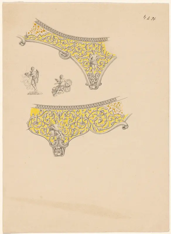 Gedamascineerd ijzeren rand, met Juno, Neptunus en twee geniën met vruchtenmanden Wall Art by Unknown - High-Resolution Digital Print