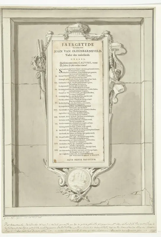 Gedicht ter ere van Johan van Oldenbarnevelt in allegorische omlijsting, 1619 Wall Art by Unknown - High-Resolution Digital Print
