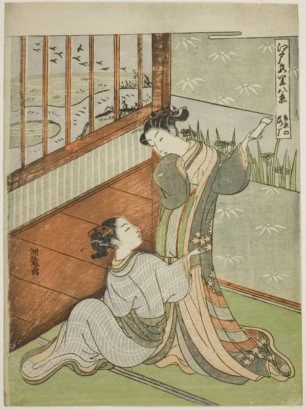 Geese Descending at Yoshiwara (Yoshiwara no rakugan), from the series "Eight Views of the Edo Pleasure Quarters (Edo irozato hakkei)" Wall Art by Isoda Koryusai - High-Resolution Digital Print