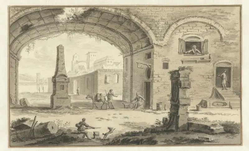 Gefantaseerd Italiaans stadsgezicht met klassieke bouwwerken en doorkijk onder een boog Wall Art by Abraham Rademaker - High-Resolution Digital Print