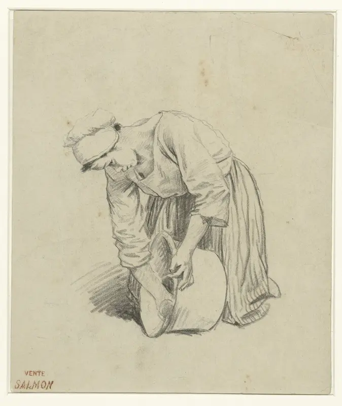 Gehurkt meisje, een grote pan schurend Wall Art by anonymous - High-Resolution Digital Print