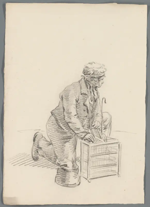 Gehurkte man met een kooitje Wall Art by anonymous - High-Resolution Digital Print