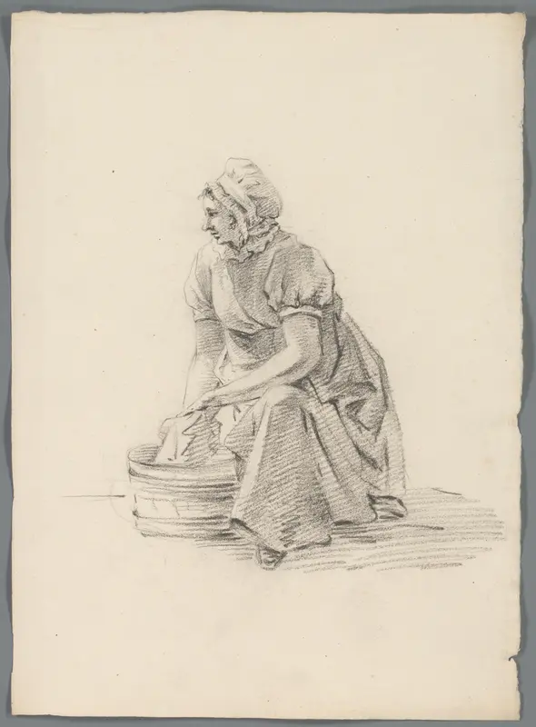 Gehurkte vrouw naast een wastobbe Wall Art by anonymous - High-Resolution Digital Print
