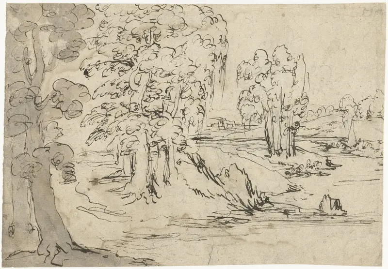 Geïdealiseerd Italiaans landschap met een rivier Wall Art by Unknown - High-Resolution Digital Print