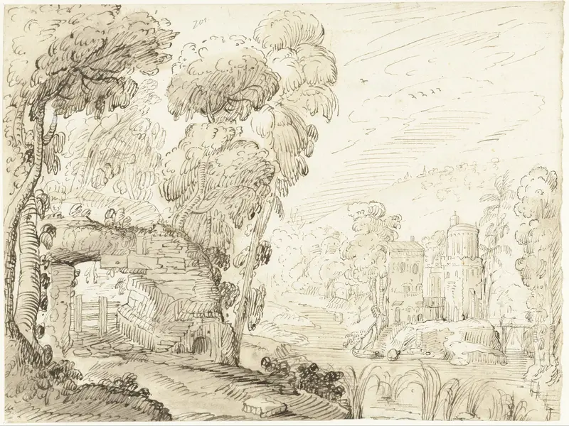 Geïdealiseerd Italiaans landschap met een vervallen brug en een kasteel Wall Art by Unknown - High-Resolution Digital Print