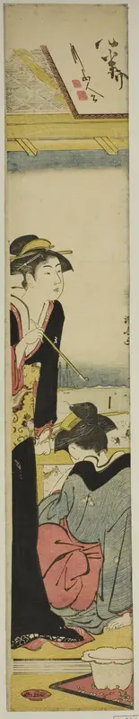 Geisha and Maid on a Balcony Overlooking the Bay