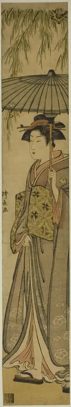 Geisha Carrying a Parasol under a Willow Tree