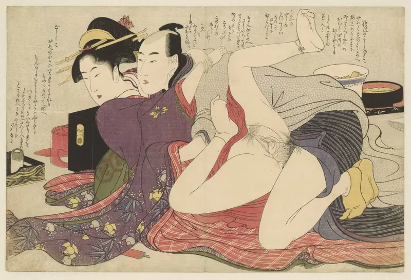 Geisha in kimono met lange mouwen en haar geliefde Wall Art by Kitagawa Utamaro - High-Resolution Digital Print