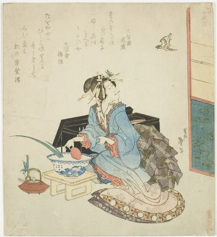 Geisha looking up at a cuckoo, from the series "Five Annual Festivals for the Katsushika Circle (Katsushika gosekku)" Wall Art by Katsushika Taito II - High-Resolution Digital Print