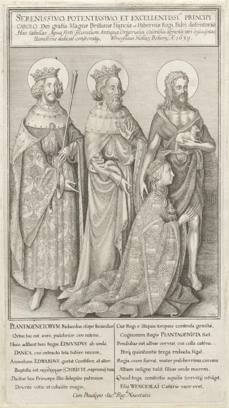 Geknielde koning Richard II vergezeld door Johannes de Doper, koning Edmund en koning Eduard de Belijder Wall Art by Henry Peacham - High-Resolution Digital Print