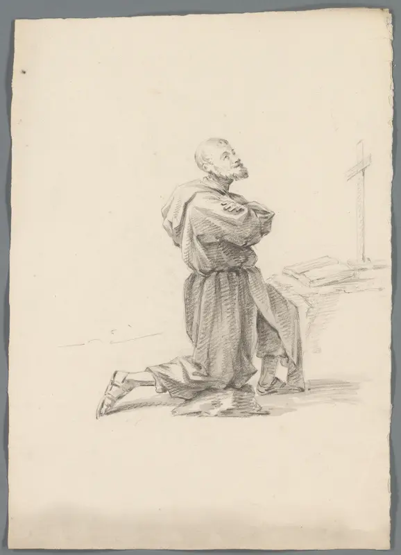 Geknielde monnik of pelgrim voor een boek en kruis Wall Art by anonymous - High-Resolution Digital Print