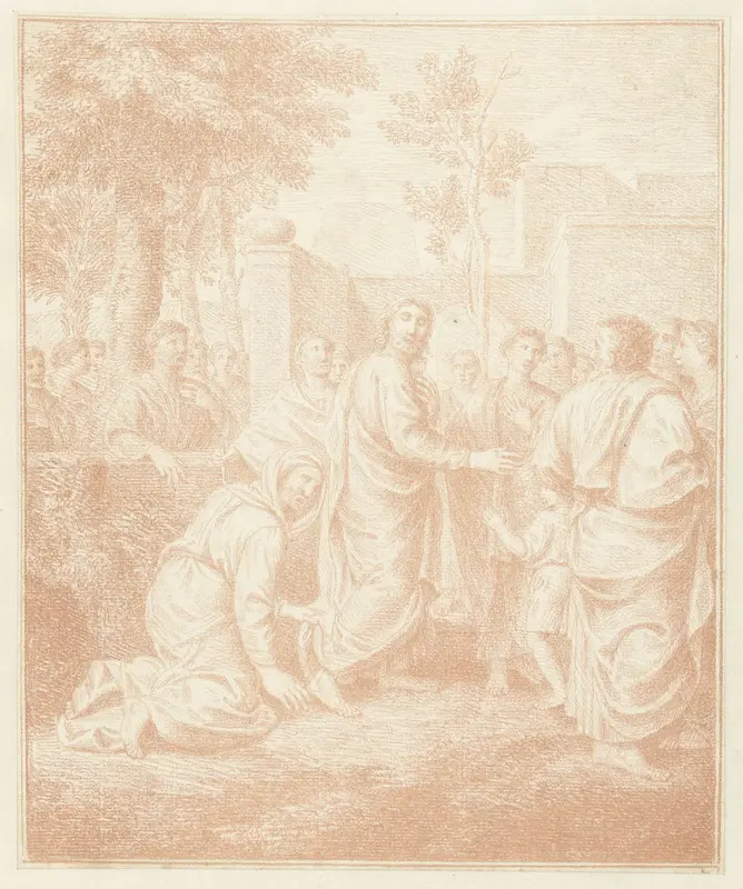 Geknielde vrouw grijpt de mantel van Christus Wall Art by Louis Fabritius Dubourg - High-Resolution Digital Print