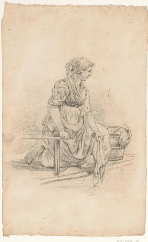 Geknielde vrouw met was aan het water Wall Art by anonymous - High-Resolution Digital Print