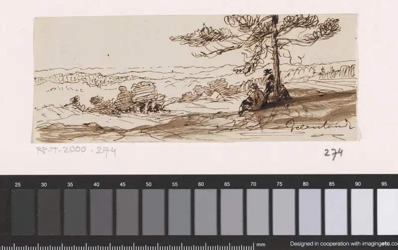 Gelders landschap met rustende jagers onder een boom Wall Art by Johannes Tavenraat - High-Resolution Digital Print