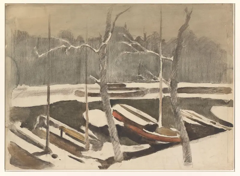 Gemeerde schuiten aan een besneeuwde gracht Wall Art by Willem Witsen - High-Resolution Digital Print