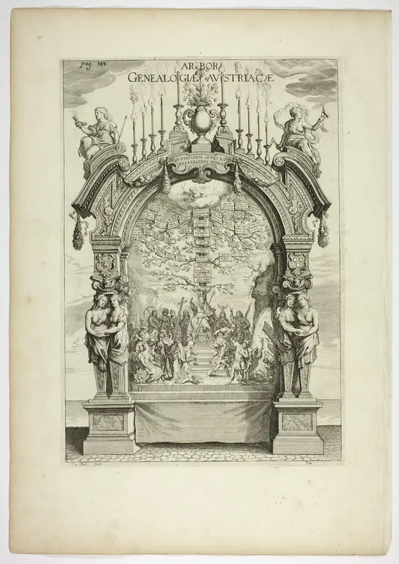 Genealogical Tree of the Austrian Royal Family, plate 32 from Casperius Gevartius, Pompa Introitus Honori Serenissimi Principis Ferdinandi (Triumphal Entry of the Most Serene and Honorable Cardinal-Infante Ferdinand) Wall Art by Theodoor van Thulden - High-Resolution Digital Print