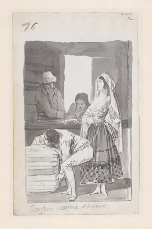 Generosity versus Greed; a woman and three men conducting a transaction inside a shop; folio 76 (recto) from the Madrid Album "B"