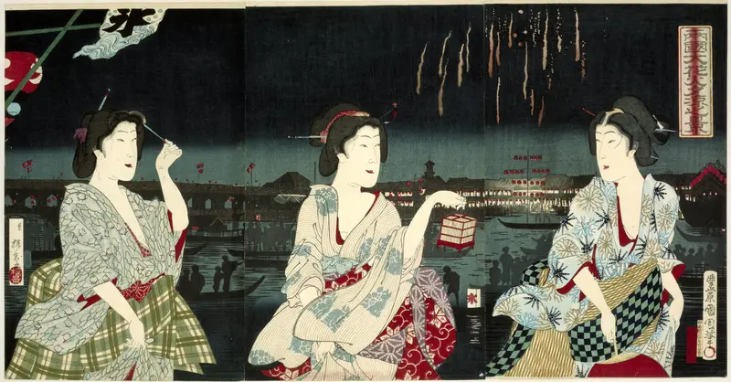 Genietend van het avondbriesje tijdens het vuurwerk te Ryogoku Wall Art by Unknown - High-Resolution Digital Print