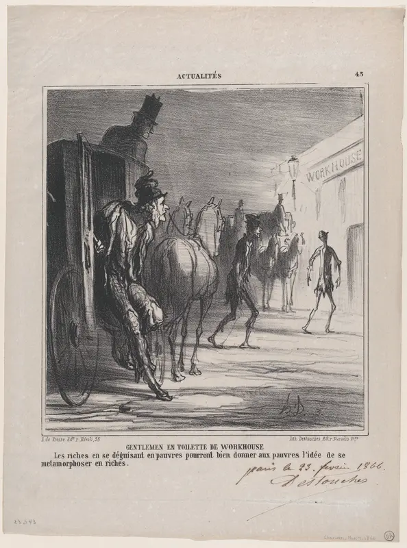 Gentlemen in workhouse clothes: If the rich are disguising themselves as poor, one might get the idea that the poor might transform themselves into the rich, from 'News of the day' Wall Art by Honoré Daumier - High-Resolution Digital Print