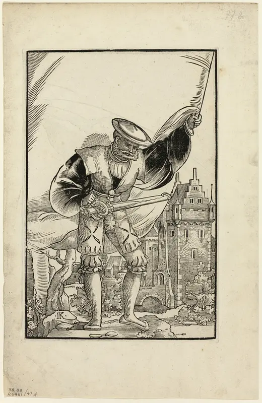 German Soldier Standing with Flag (recto) and German Soldier Marching with Flag (verso) from Wappen des heiligen römischen Reichs Teutscher Nation, plate 47 from Woodcuts from Books of the XVI Century Wall Art by Monogrammist I.K. - High-Resolution Digital Print