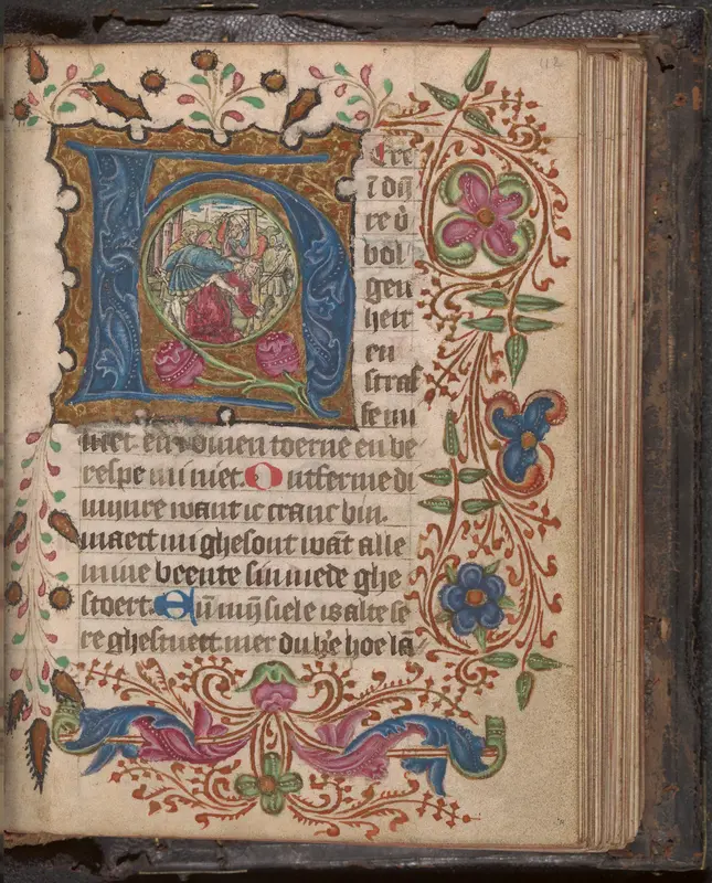 Getijdenboek met zeven gehistoriseerde initialen waarbij in het oog van de initialen gravures zijn geplakt, met gedecoreerde initialen en penwerk Wall Art by anonymous - High-Resolution Digital Print