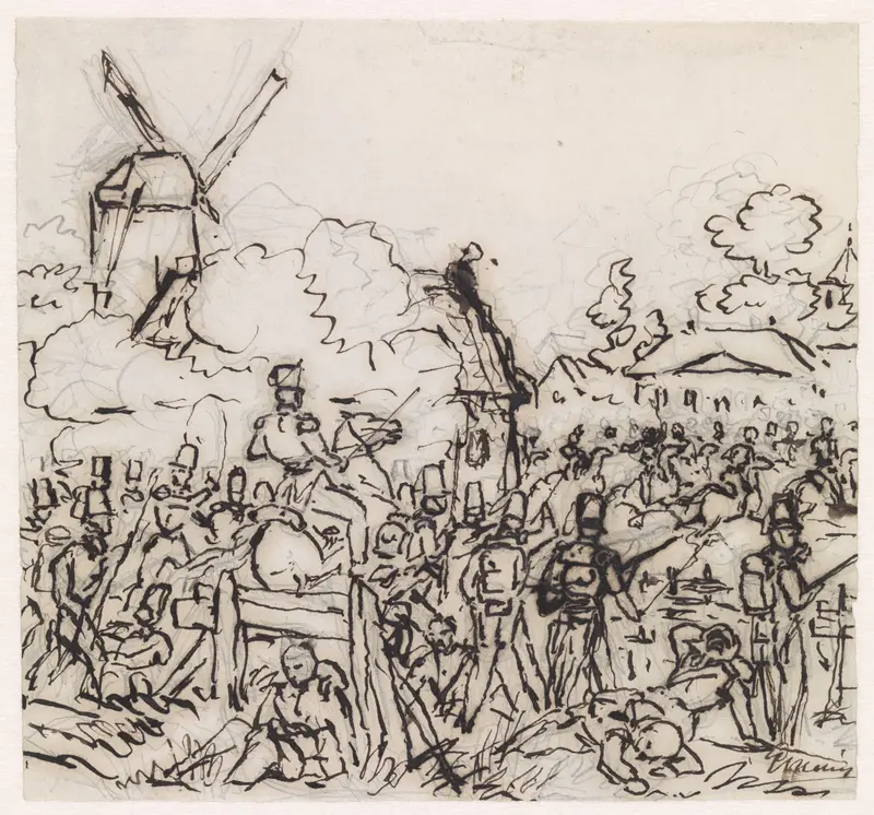 Gevecht bij een dorp, links een windmolen Wall Art by Gerardus Emaus de Micault - High-Resolution Digital Print
