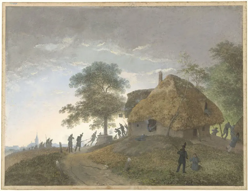 Gevecht bij een herberg of huis met strodak op een heuvel Wall Art by Unknown - High-Resolution Digital Print