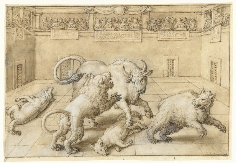 Gevecht in een arena tussen een stier, leeuw, beer en twee wolven Wall Art by Jan van der Straet - High-Resolution Digital Print