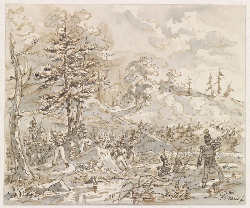 Gevecht tussen cavalerie en voetvolk in heuvellandschap Wall Art by Gerardus Emaus de Micault - High-Resolution Digital Print