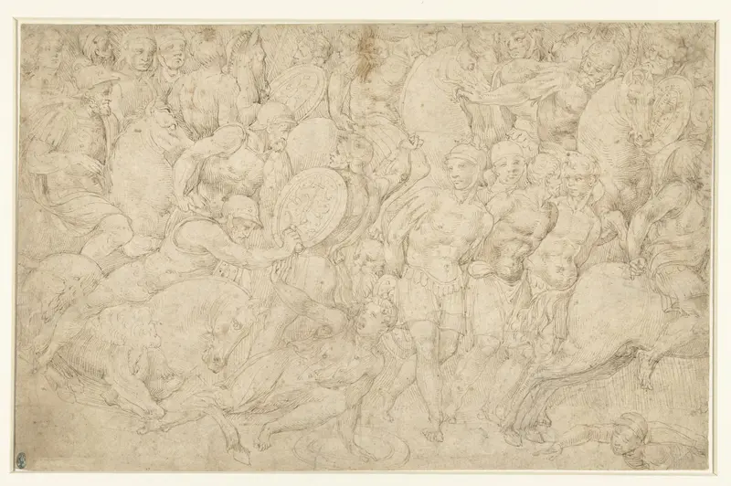 Gevecht tussen ruiterij en voetvolk en het wegleiden van gevangenen Wall Art by Unknown - High-Resolution Digital Print