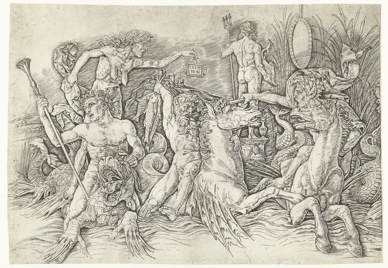 Gevecht tussen satyrs rijdend op hippocampussen en oude vrouw als personificatie van afgunst staand op rug van draak Wall Art by Andrea Mantegna - High-Resolution Digital Print
