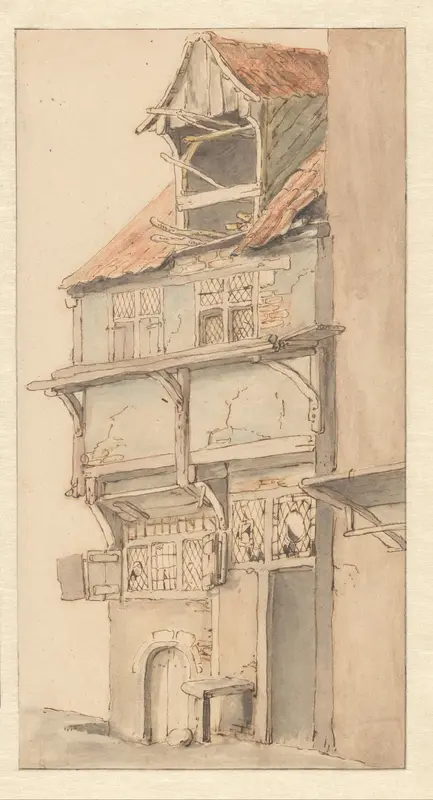 Gevel van een hoekhuis met open dakkapel Wall Art by Unknown - High-Resolution Digital Print