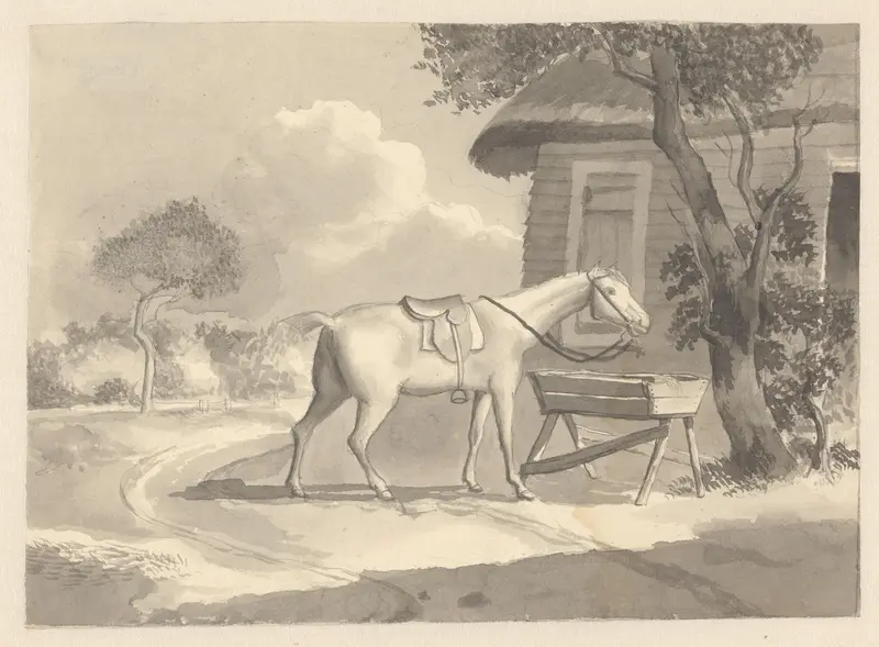 Gezadeld paard etend uit een ruif Wall Art by Unknown - High-Resolution Digital Print