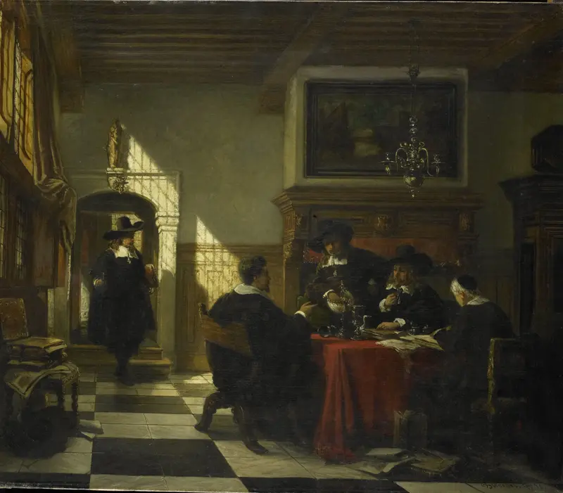 Gezelschap in 17e-eeuwse dracht bij een tafel waarop een Nautilusbeker Wall Art by Johannes Stroebel - High-Resolution Digital Print