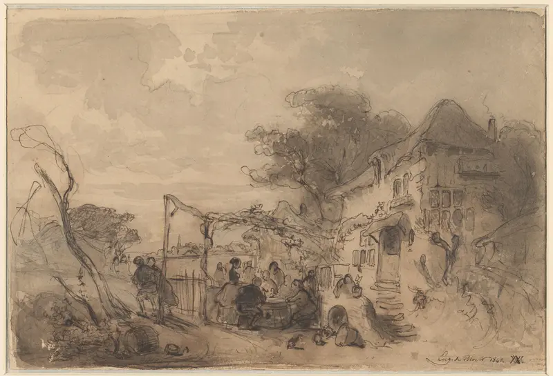 Gezelschap op terras voor herberg langs een weg Wall Art by Eugène François de Block - High-Resolution Digital Print