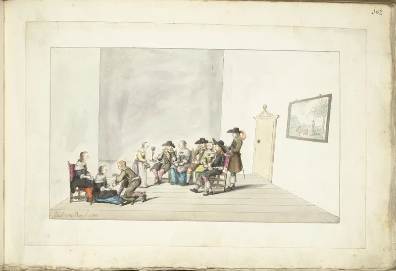 Gezelschap van tien jonge mensen in een interieur Wall Art by Unknown - High-Resolution Digital Print