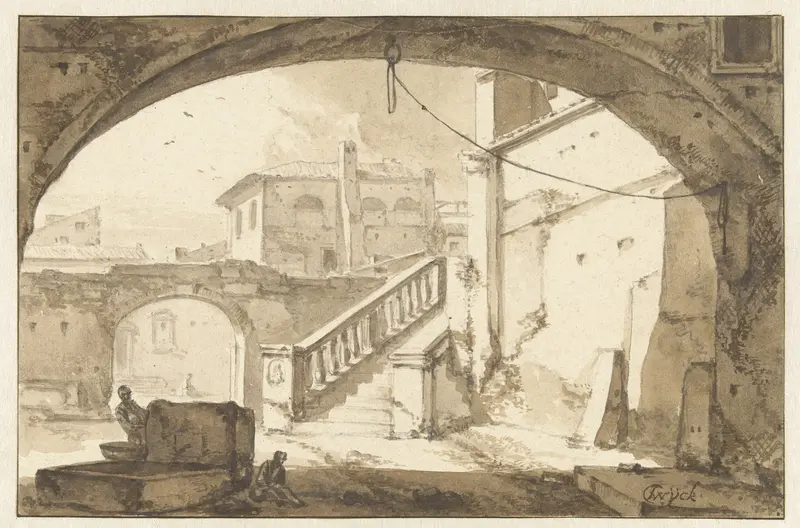 Gezicht door een boog op een Italiaanse binnenplaats Wall Art by Thomas Wijck - High-Resolution Digital Print