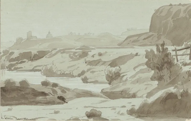 Gezicht in de romeinse Campagna met op de voorgrond een rivier Wall Art by Felix Hippolyte Lanoüe - High-Resolution Digital Print
